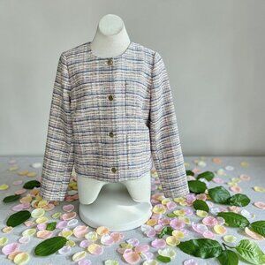Halogen Pink Blue Tweed Collarless Blazer Boxy Size Large